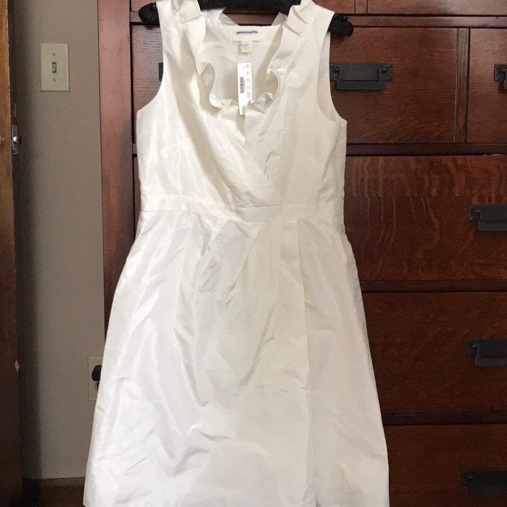 J Crew cream ruffle neck dress